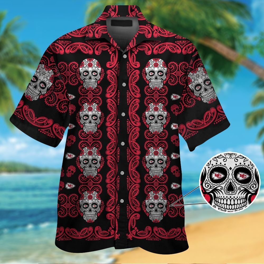 Kansas City Chiefsskull Short Sleeve Button Up - Adult & Kids T-Shirts, Sweatshirts & Hoodies apparel design preview 1