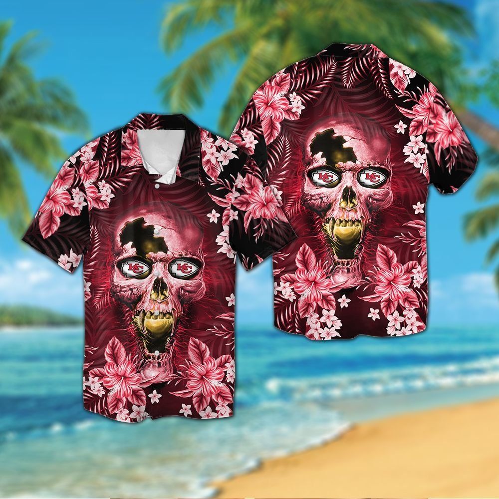Kansas City Chiefsskull Short Sleeve Button Up - Adult & Kids T-Shirts, Sweatshirts & Hoodies apparel design preview 1