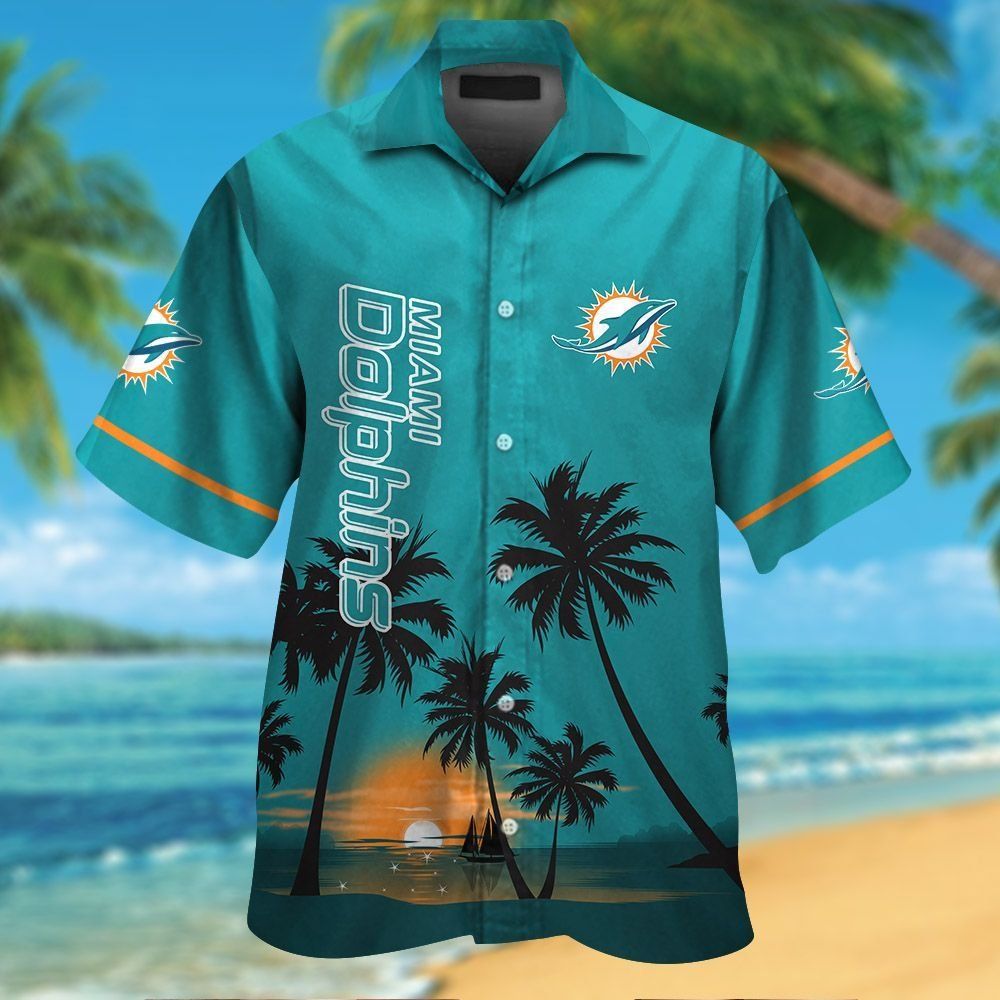 Miami Dolphins Short Sleeve Button Up Tropical - Adult & Kids T-Shirts, Sweatshirts & Hoodies apparel design preview 1