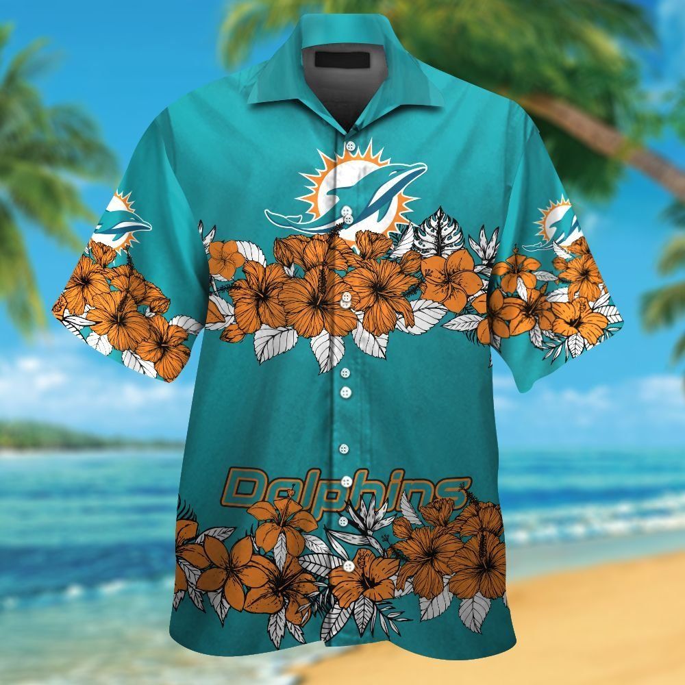 Miami Dolphins Short Sleeve Button Up Tropical - Adult & Kids T-Shirts, Sweatshirts & Hoodies apparel design preview 1