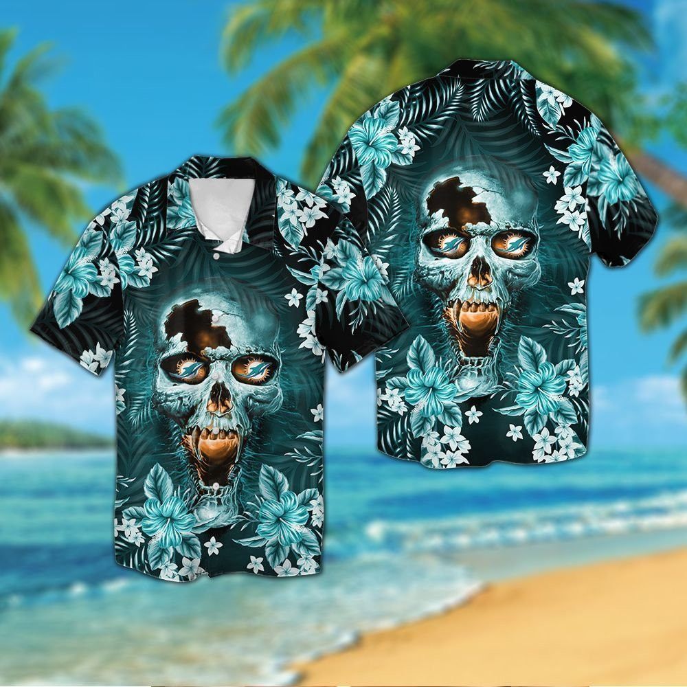 Miami Dolphinsskull Short Sleeve Button Up Tropical - Adult & Kids T-Shirts, Sweatshirts & Hoodies apparel design preview 1