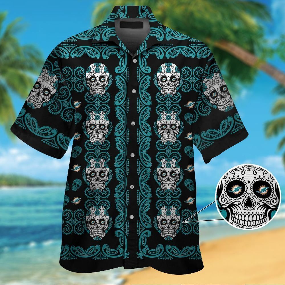 Miami Dolphinsskull Short Sleeve Button Up Tropical - Adult & Kids T-Shirts, Sweatshirts & Hoodies apparel design preview 1