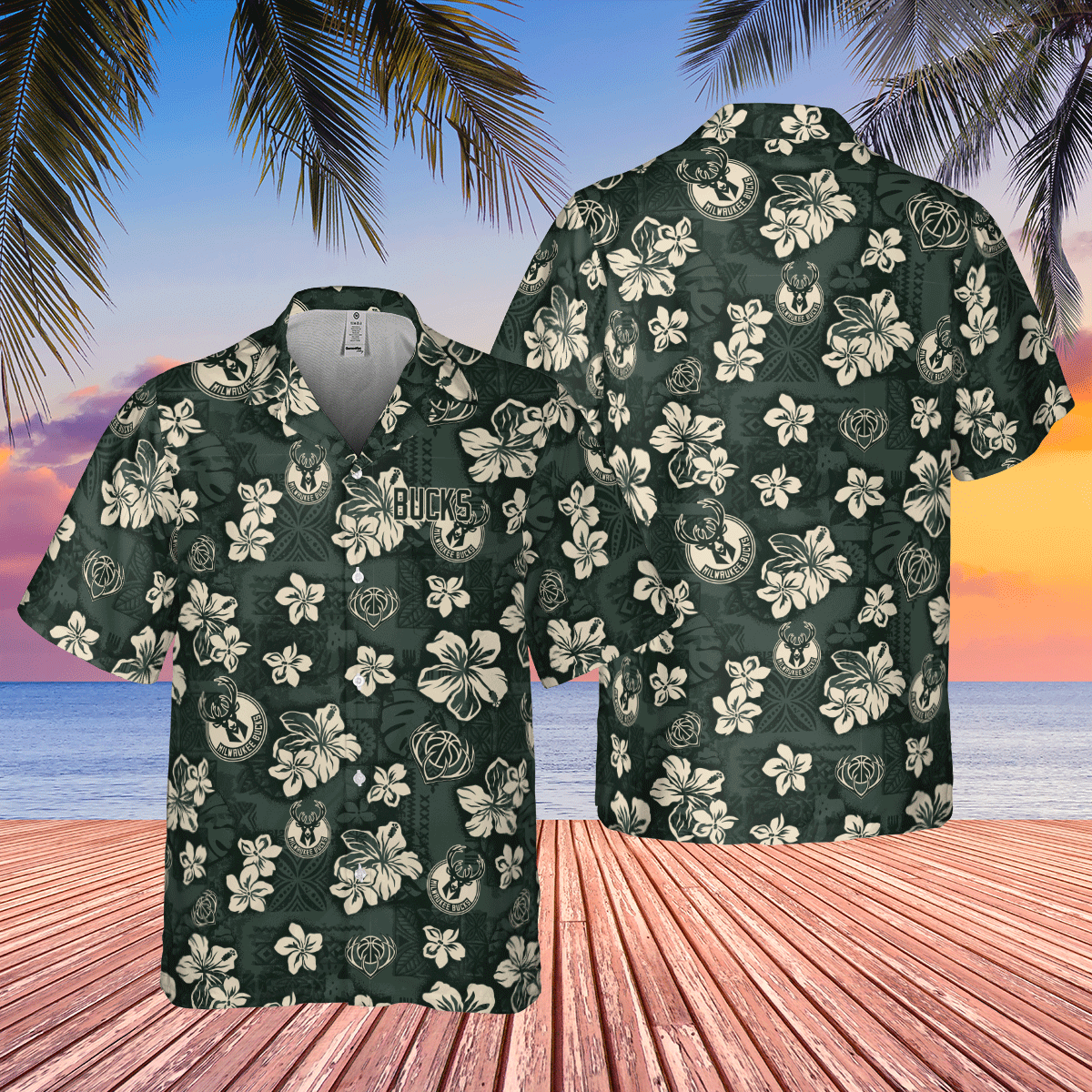 Milwaukee Bucks Flower Pattern 3D Hawaiian - Adult & Kids T-Shirts, Sweatshirts & Hoodies apparel design preview 1