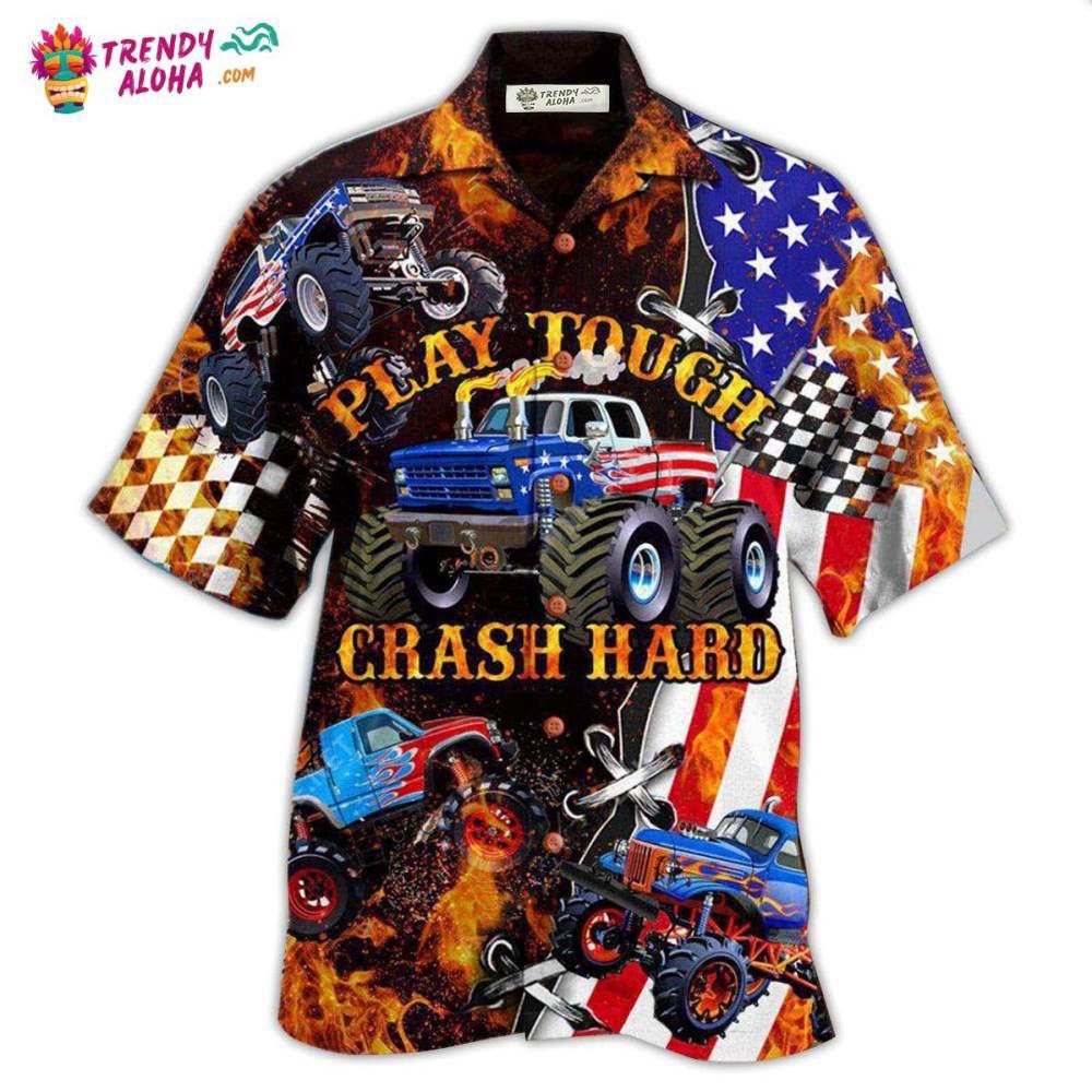Monster Truck Fire Play Tough Crash Hard Hawaiian - Adult & Kids T-Shirts, Sweatshirts & Hoodies apparel design preview 1