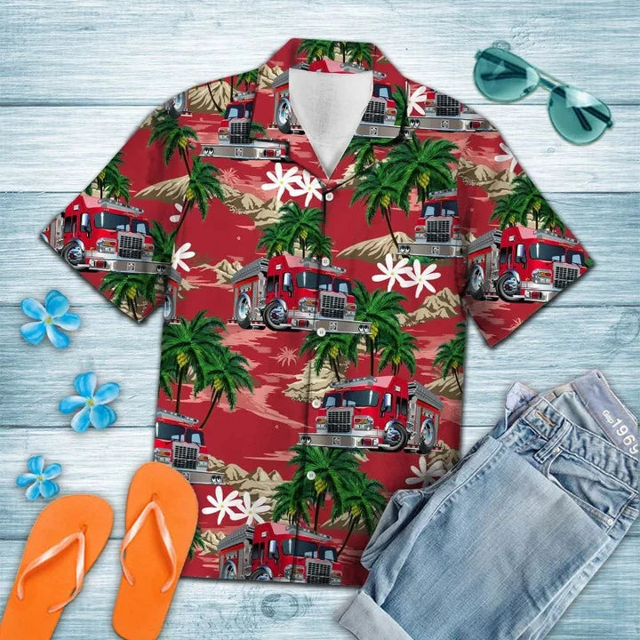 Multicolor Firefighter Car Palm Island Pattern - Adult & Kids T-Shirts, Sweatshirts & Hoodies apparel design preview 1