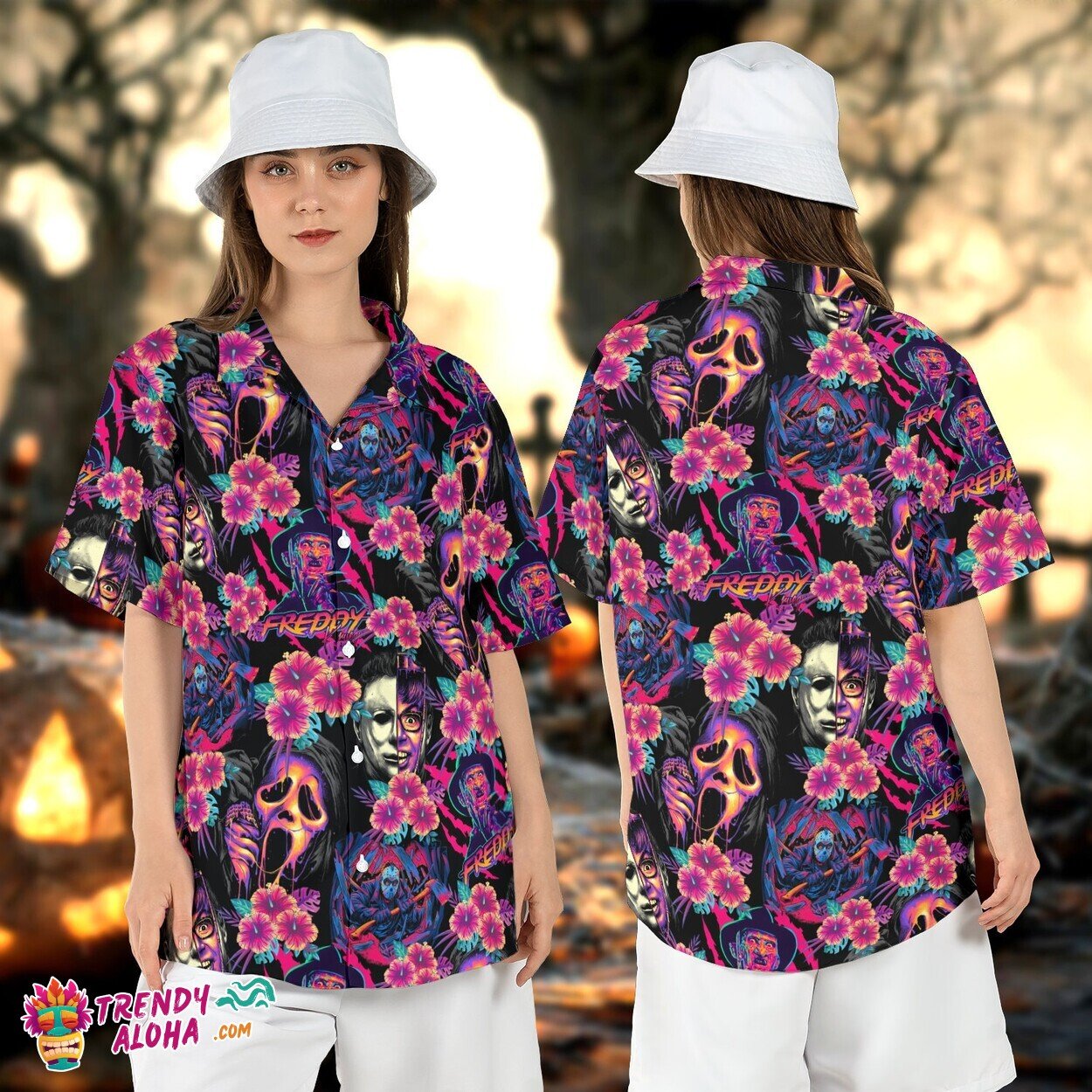 Neon Floral Horror Characters Hawaiian Exclusive - Adult & Kids T-Shirts, Sweatshirts & Hoodies apparel design preview 1