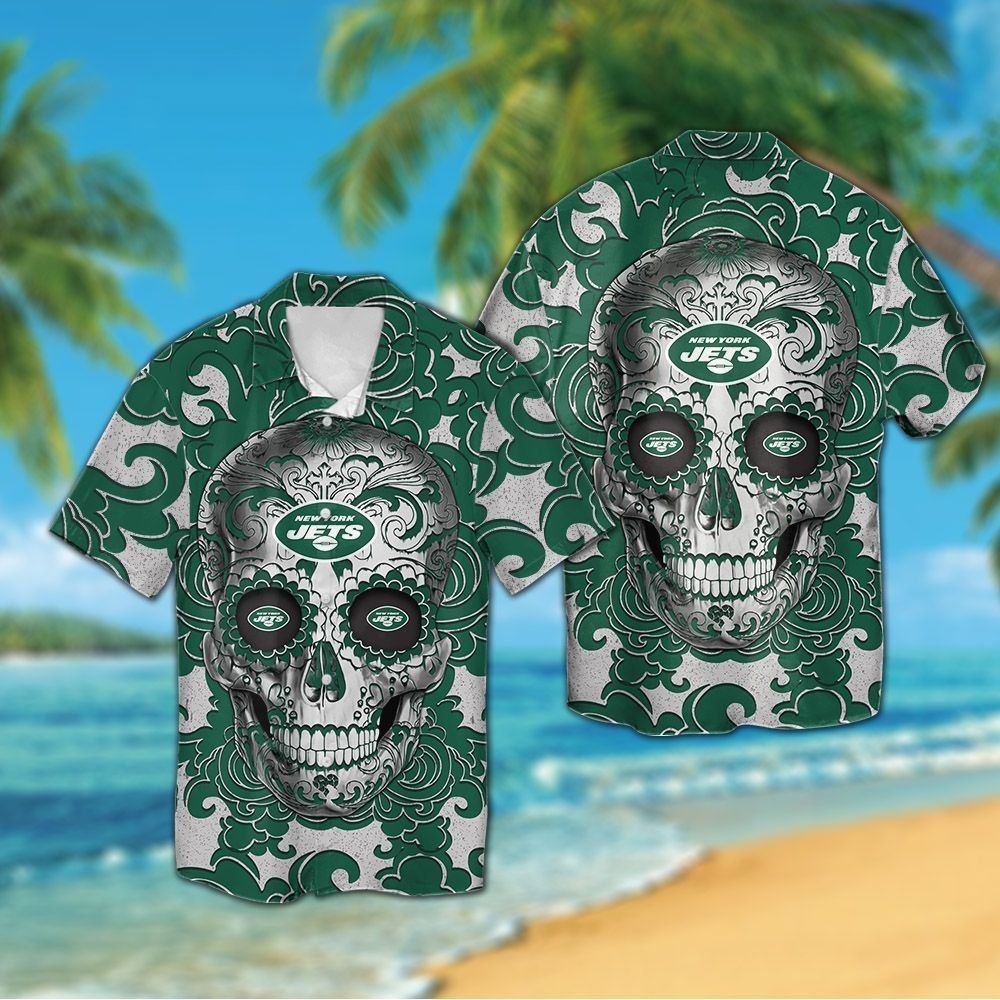 New York Jets Sugarskull Short Sleeve Button Up - Adult & Kids T-Shirts, Sweatshirts & Hoodies apparel design preview 1