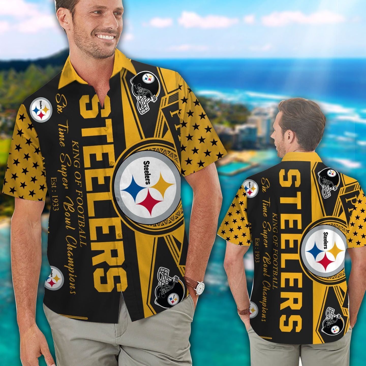Pittsburg Steelers Short Sleeve Button Up Tropical - Adult & Kids T-Shirts, Sweatshirts & Hoodies apparel design preview 1