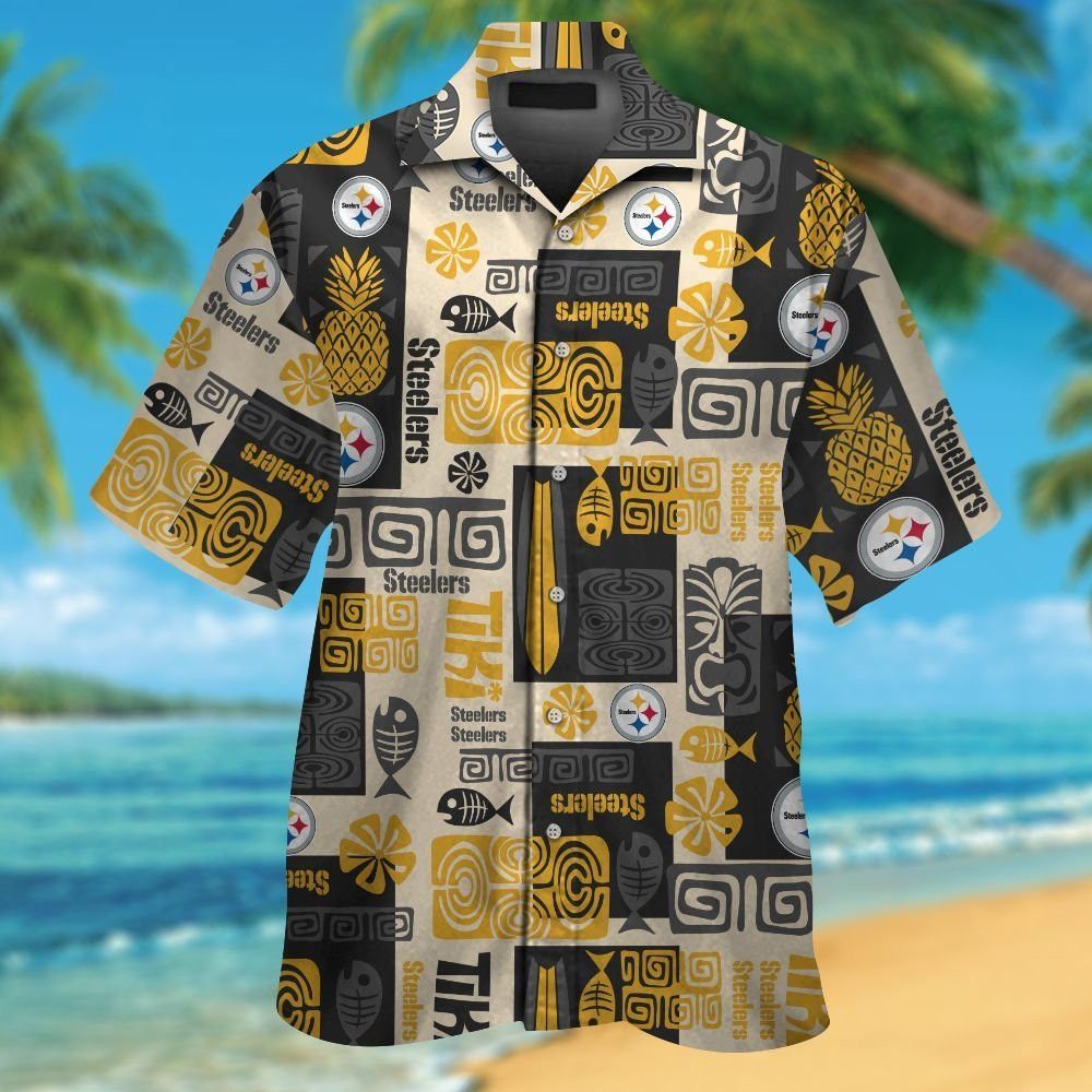 Pittsburg Steelers Short Sleeve Button Up Tropical - Adult & Kids T-Shirts, Sweatshirts & Hoodies apparel design preview 1
