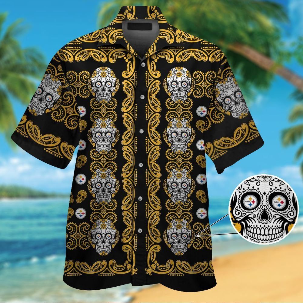 Pittsburg Steelers skull Short Sleeve Button Up - Adult & Kids T-Shirts, Sweatshirts & Hoodies apparel design preview 1