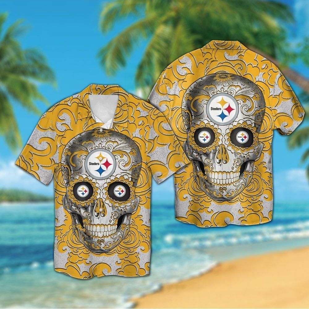 Pittsburg Steelers Sugarskull Short Sleeve Button Up - Adult & Kids T-Shirts, Sweatshirts & Hoodies apparel design preview 1