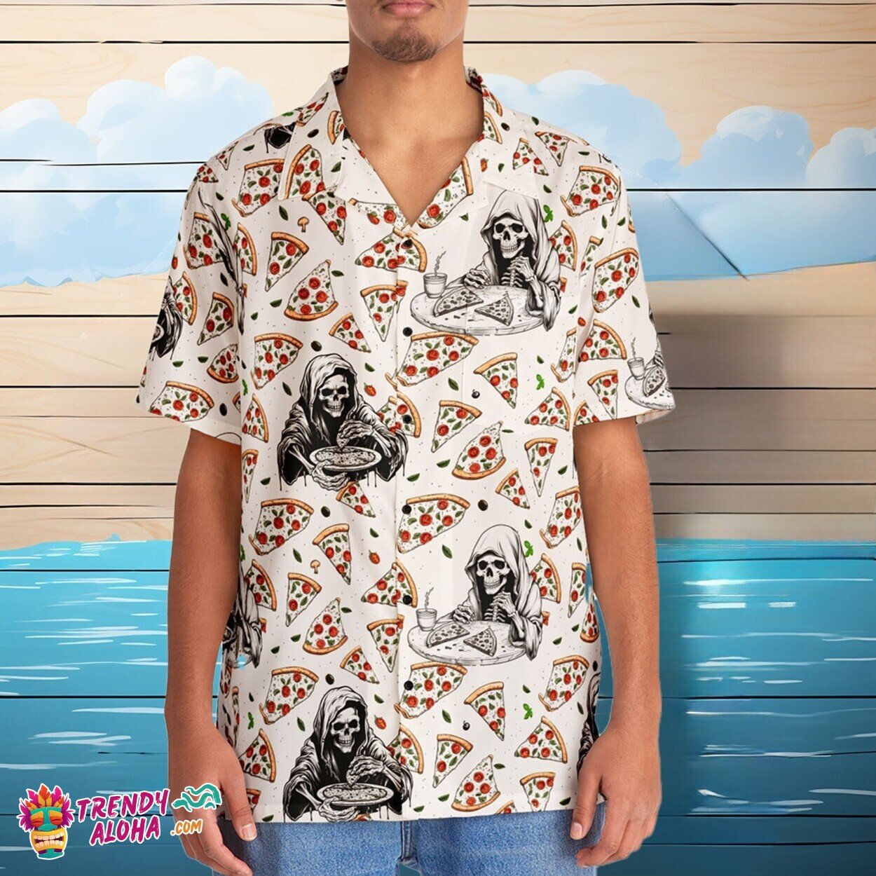Pizza Grim Reaper Fun Spooky Slice Life Horror Aloha - Adult & Kids T-Shirts, Sweatshirts & Hoodies apparel design preview 1