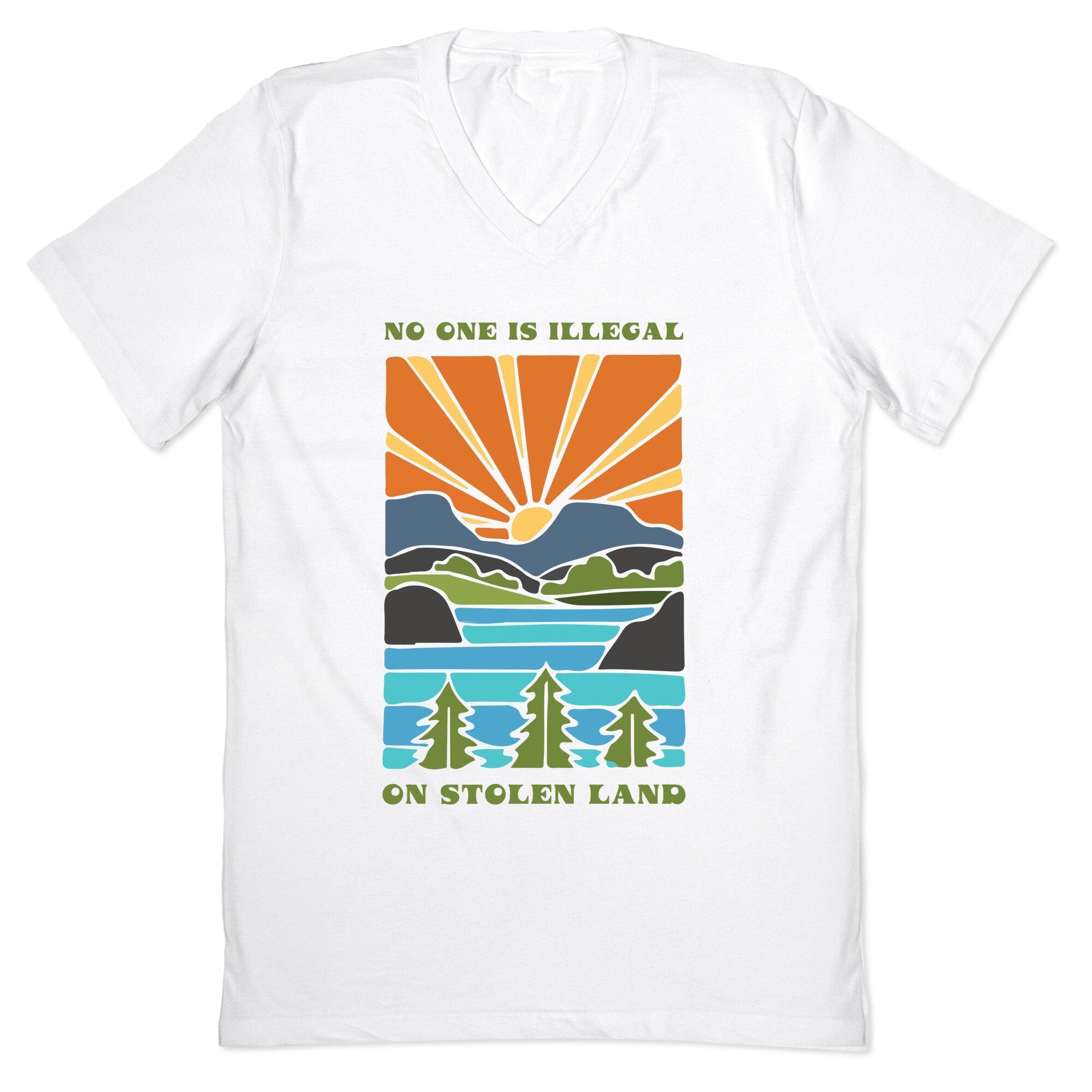 No One Is Illegal On Stolen Land V-Neck - Adult & Kids T-Shirts, Sweatshirts & Hoodies apparel design preview 1
