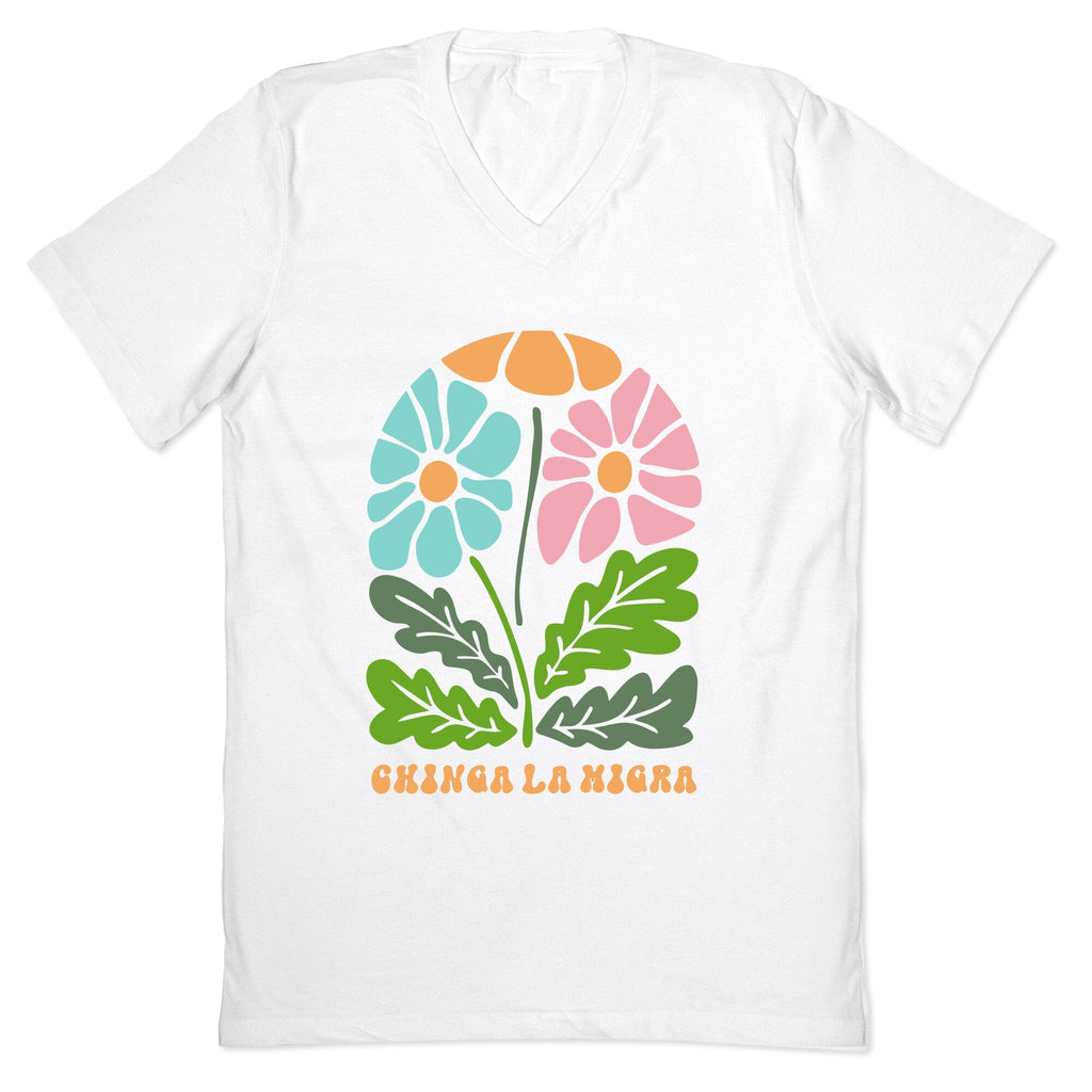 Chinga La Migra Flower V-Neck - Adult & Kids T-Shirts, Sweatshirts & Hoodies apparel design preview 1