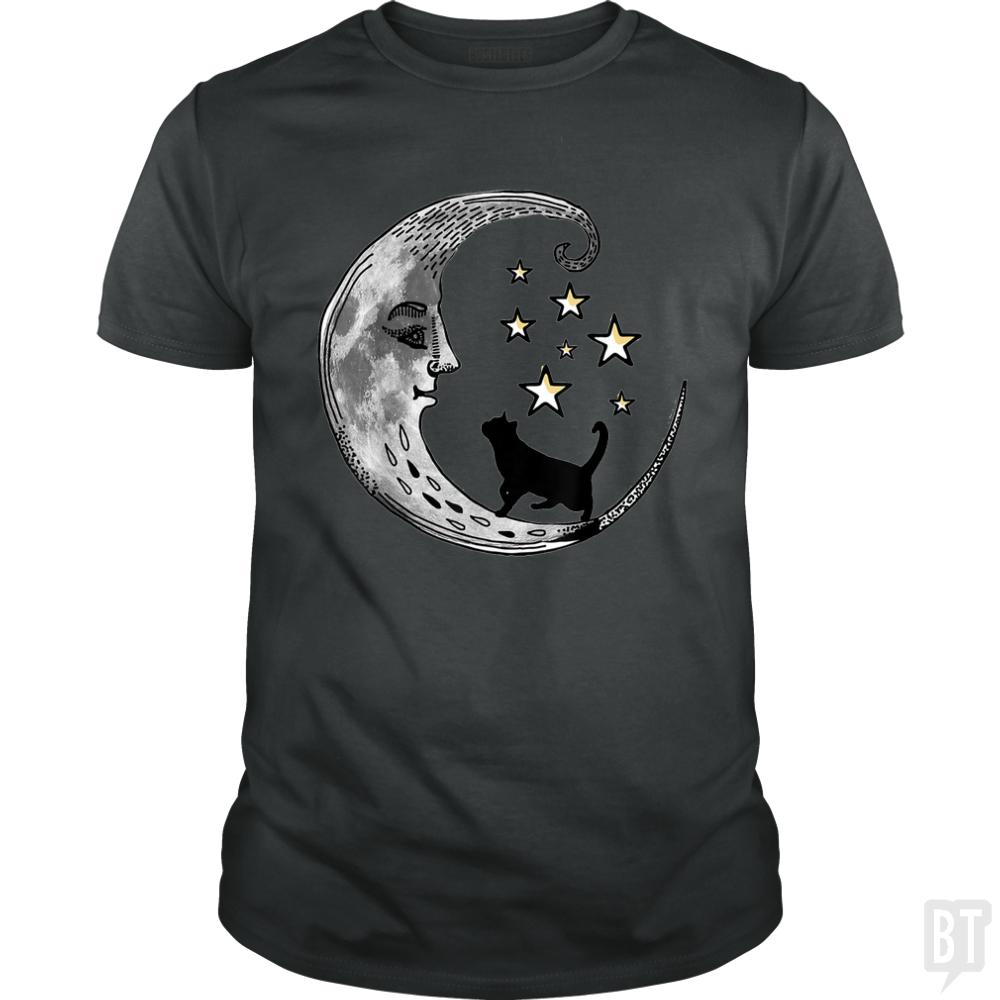 Moon and Stars with Black Cat - Adult & Kids T-Shirts, Sweatshirts & Hoodies apparel design preview 1
