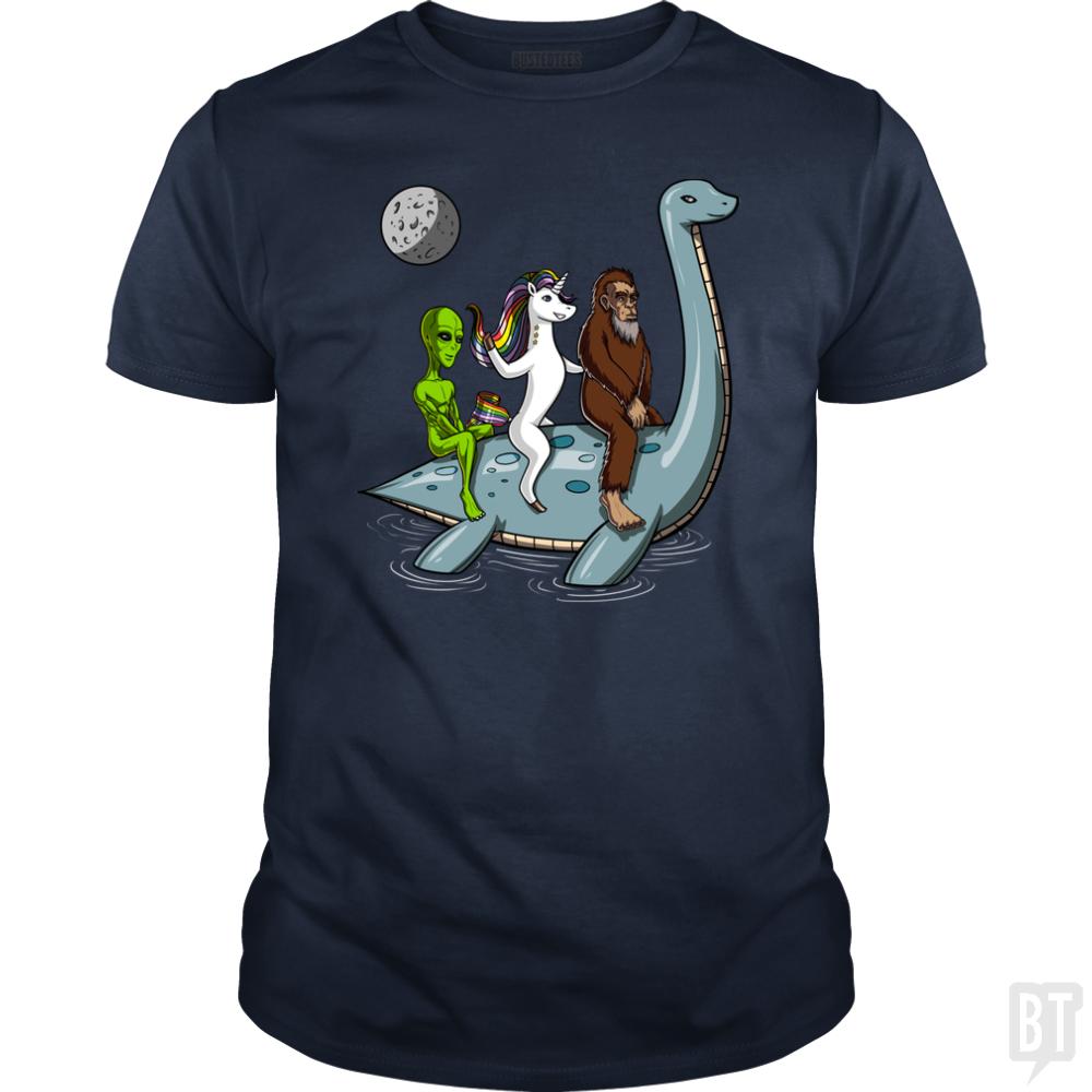 Alien Unicorn Bigfoot Ridding Loch Ness - Adult & Kids T-Shirts, Sweatshirts & Hoodies apparel design preview 1