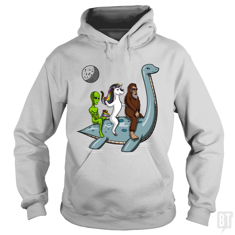 Alien Unicorn Bigfoot Ridding Loch Ness - Adult & Kids T-Shirts, Sweatshirts & Hoodies apparel design preview 1