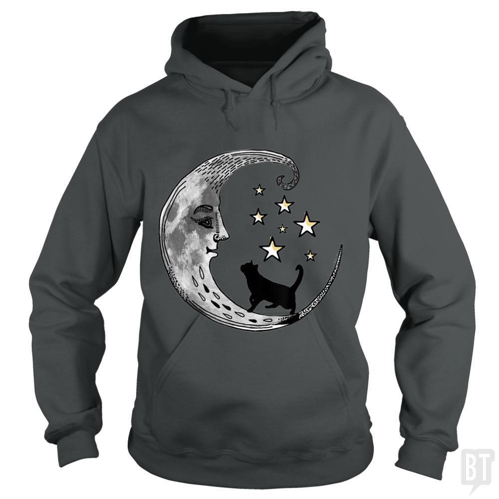Moon and Stars with Black Cat - Adult & Kids T-Shirts, Sweatshirts & Hoodies apparel design preview 1