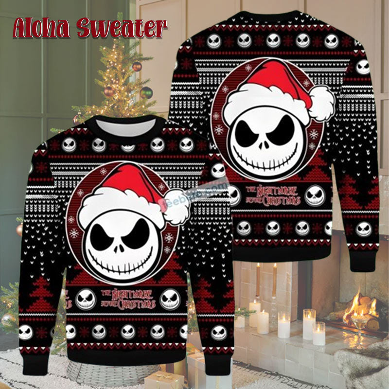 Scary Faces Nightmare Before Christmas Halloween Pattern Ugly Christmas Sweater - Holiday Gift product image 5