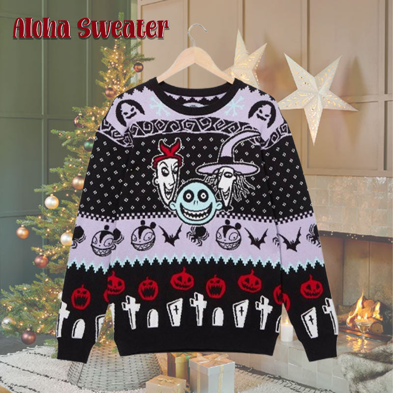 Scary Faces Nightmare Before Christmas Halloween Pattern Ugly Christmas Sweater - Holiday Gift product image