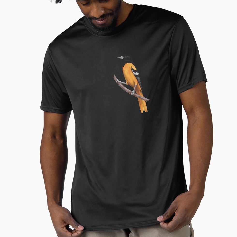 Male Baltimore Oriole Standing Branch T-Shirt - Unique Graphic Unisex - T-Shirt, Sweatshirt, Hoodie