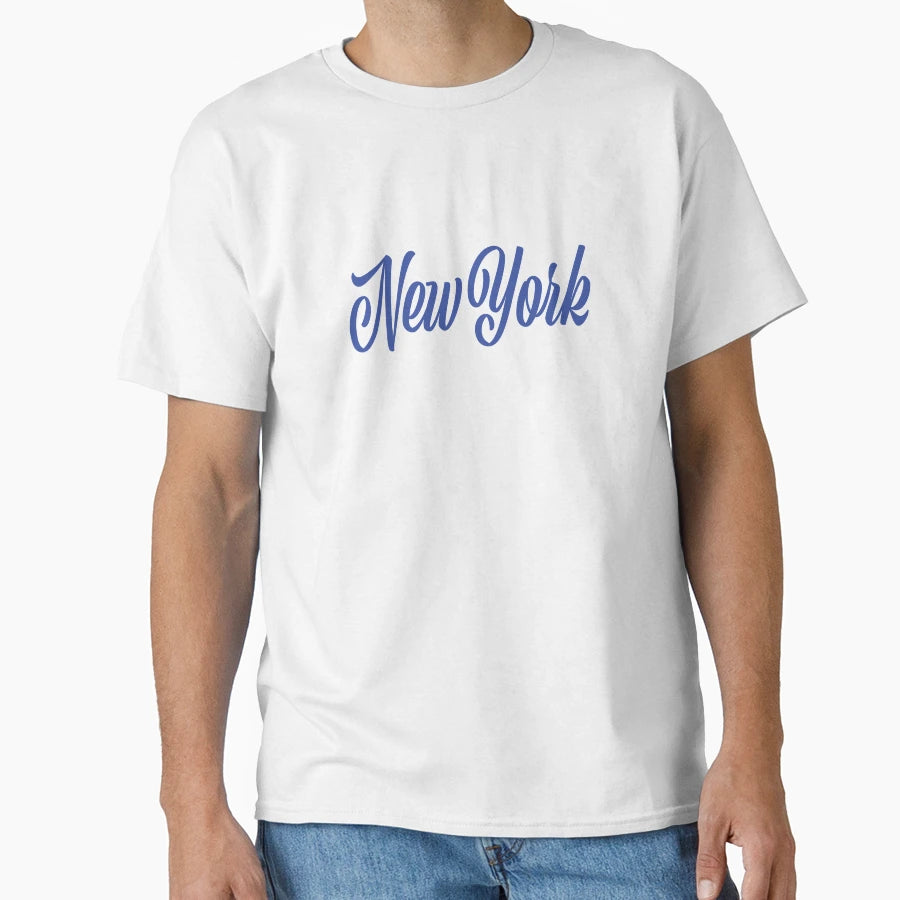 New York Script Blue Travel Typography T-Shirt - Unique Graphic Unisex - T-Shirt, Sweatshirt, Hoodie