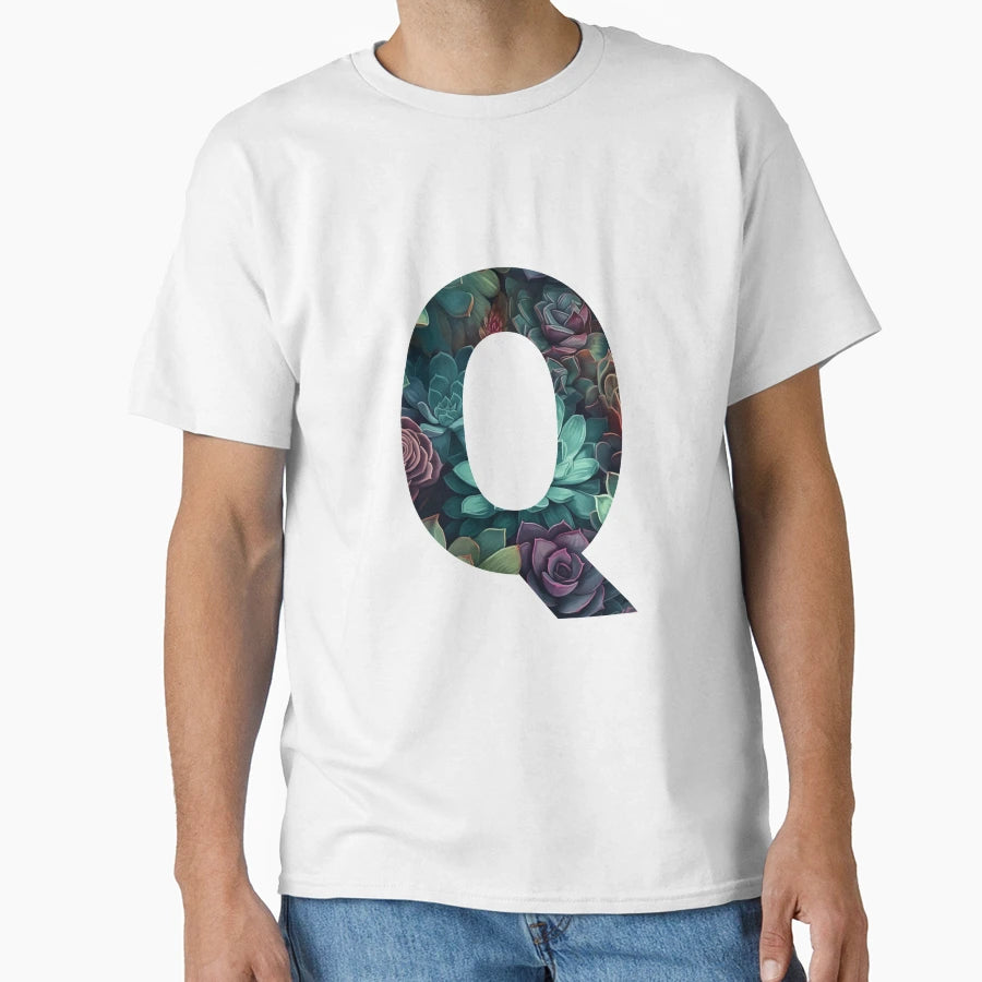 Elegant Succulent Pattern Letter Q T-Shirt - Fun Novelty Design Men Women - T-Shirt, Sweatshirt, Hoodie