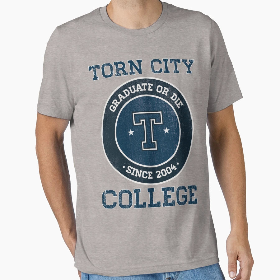 Torn College Logo T-Shirt - Unique Graphic for Adults - T-Shirt, Sweatshirt, Hoodie