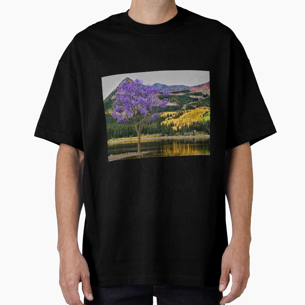 Pixelsquid Purple Flower Tree Mountains T-Shirt - Graphic Print Unisex - T-Shirt, Sweatshirt, Hoodie