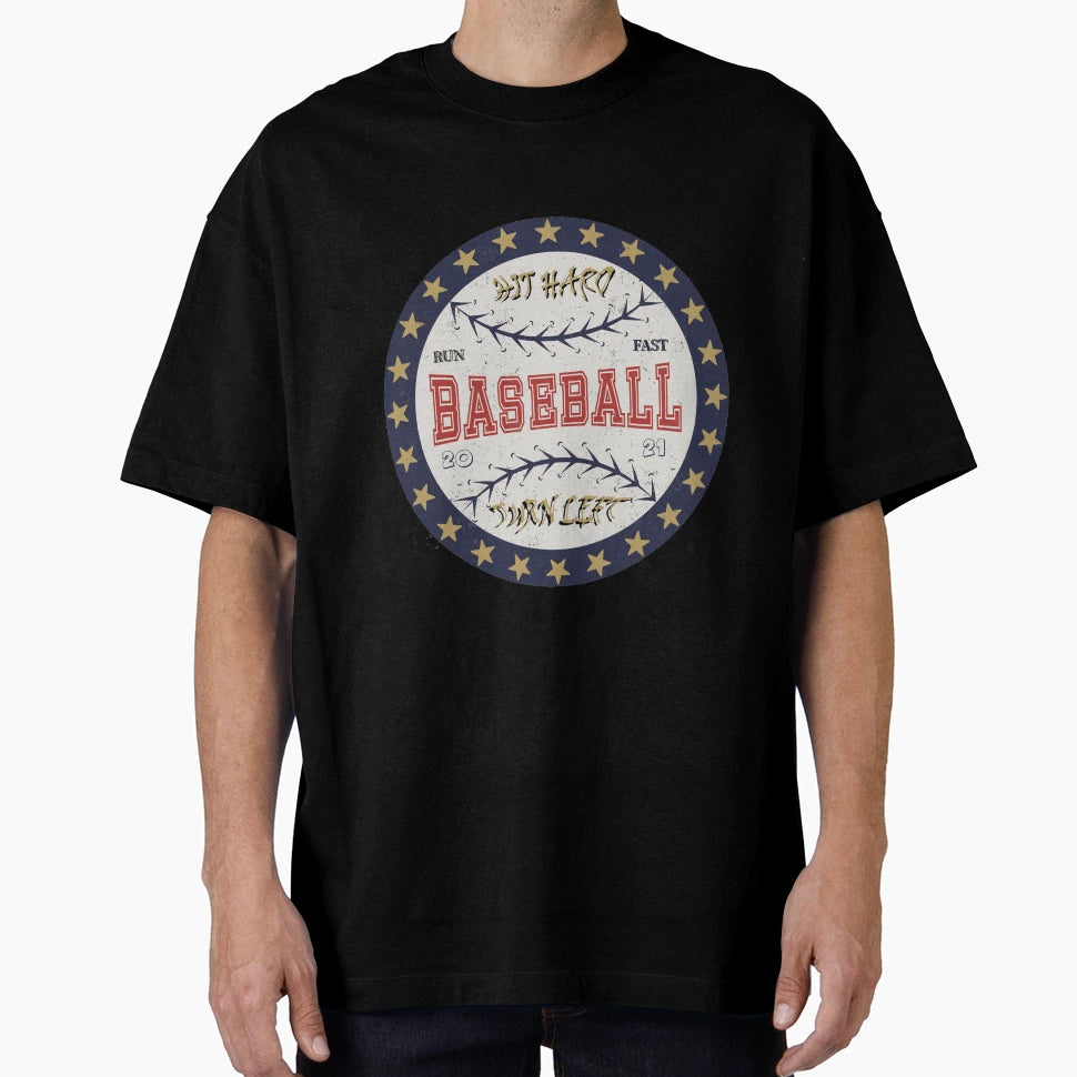 Hit Hard Run Fast Turn Left Baseball T-Shirt - Minimalist Print for Adults - T-Shirt, Sweatshirt, Hoodie