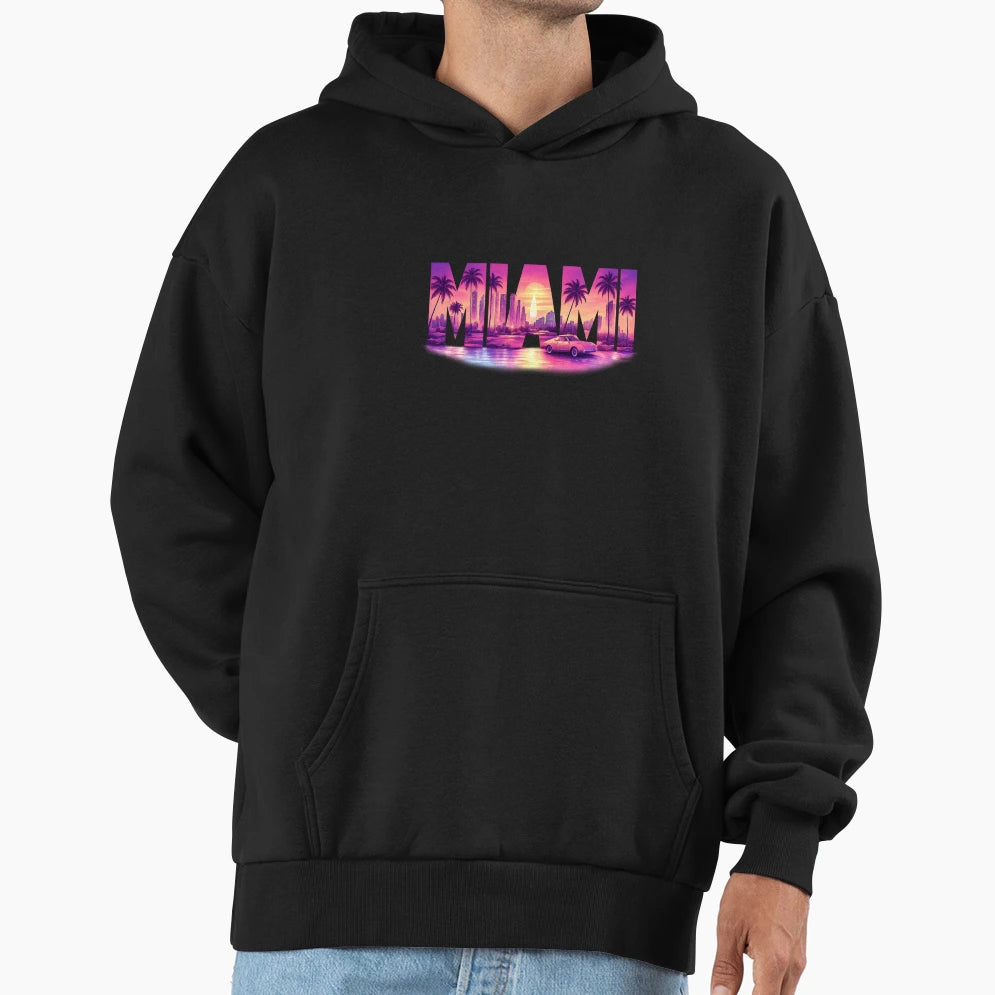 Miami Sunset Typography City Hoodie - Custom Art Print Unisex - T-Shirt, Sweatshirt, Hoodie