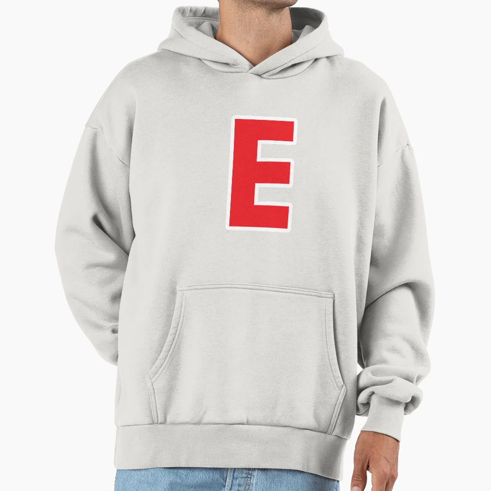 E Initial Letter E Red And White Hoodie - Trendy Graphic Men Women - T-Shirt, Sweatshirt, Hoodie