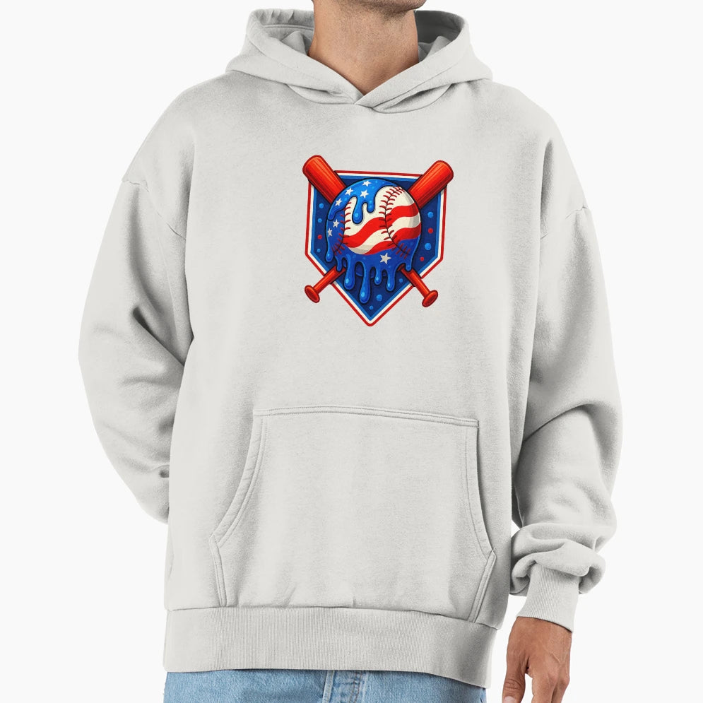 Baseball American Flag Patriotic Red Hoodie - Casual Everyday Wear Unisex - T-Shirt, Sweatshirt, Hoodie