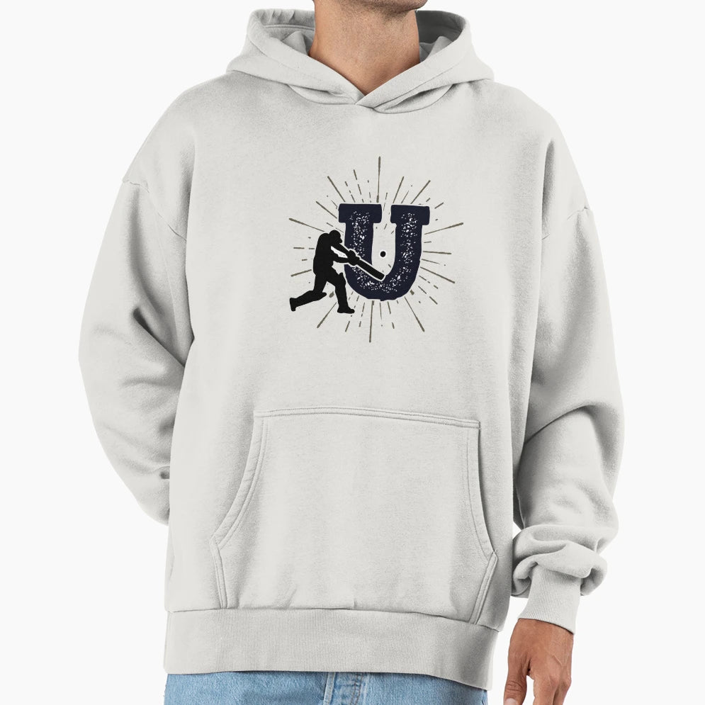 Monogram U Cricket Batter Sunburst Hoodie - Novelty Apparel for Adults - T-Shirt, Sweatshirt, Hoodie