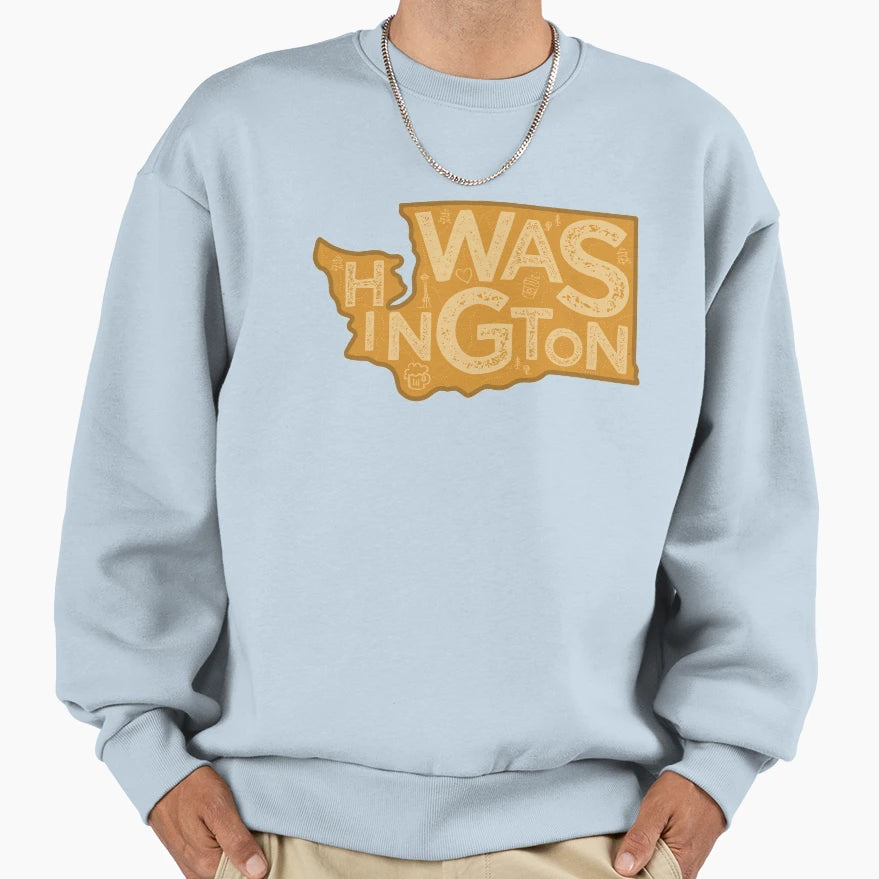 Washington Map Typography Brown Sweatshirt - Minimalist Print for Adults - T-Shirt, Sweatshirt, Hoodie