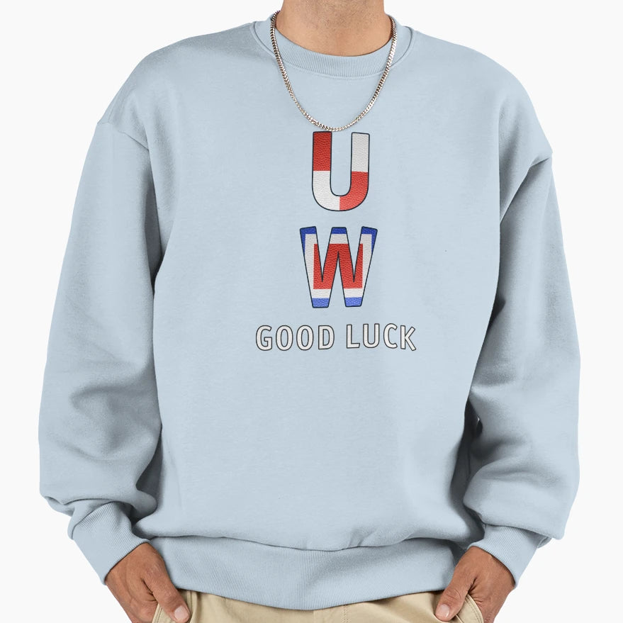 U W Good Luck Navy Alphabet Leather Sweatshirt - Fun Novelty Design Unisex - T-Shirt, Sweatshirt, Hoodie