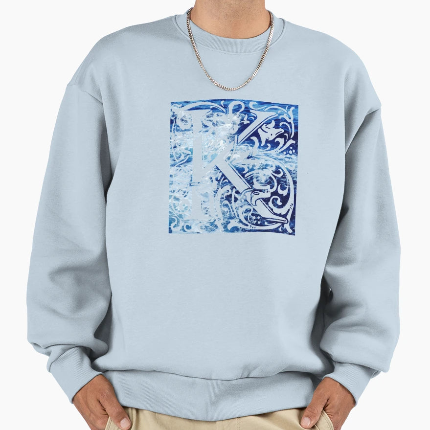 Letter K Blue Ocean Waves Sweatshirt - Trendy Graphic for Adults - T-Shirt, Sweatshirt, Hoodie