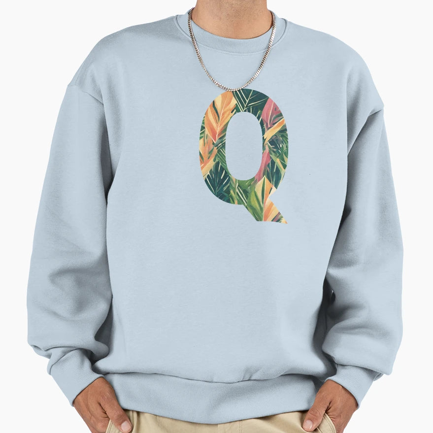 Pattern Tropical Leaves Filling Letter Q Sweatshirt - Unique Graphic Unisex - T-Shirt, Sweatshirt, Hoodie
