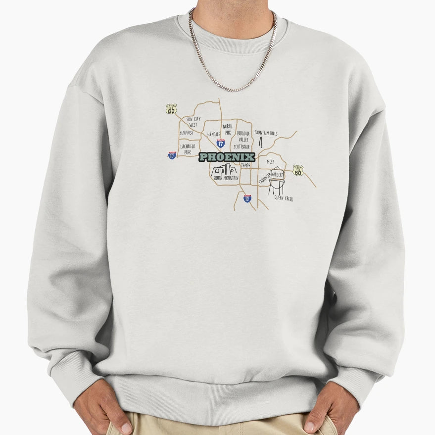 Phoenix Area Doodle Map Sweatshirt - Fun Novelty Design for Adults - T-Shirt, Sweatshirt, Hoodie