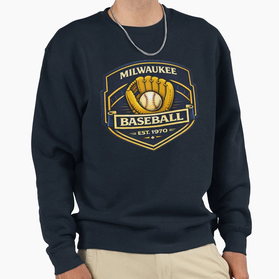 Milwaukee Baseball Badge Navy Gold Brew T-Shirt - Trendy Graphic Men Women - T-Shirt, Sweatshirt, Hoodie