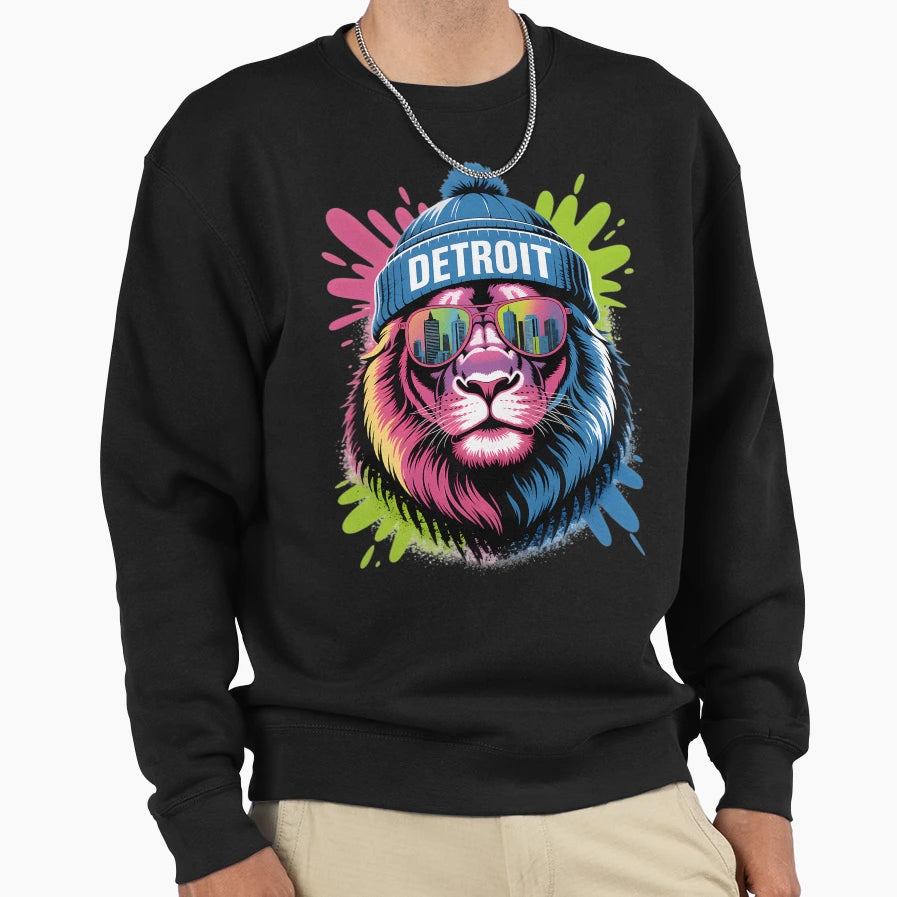 Detroit Lion Urban Neon Streetwear Sweatshirt - Custom Art Print Men Women - T-Shirt, Sweatshirt, Hoodie