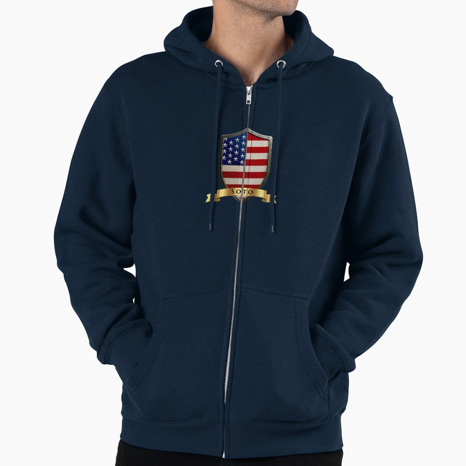 Soto Family Usa Shield Stars Stripes Hoodie - Novelty Apparel for Adults - T-Shirt, Sweatshirt, Hoodie