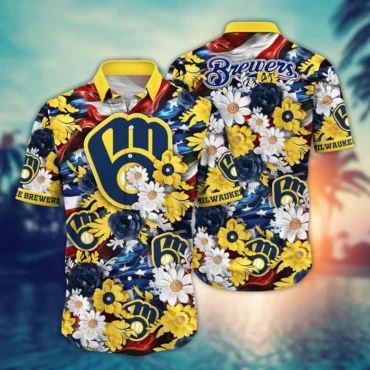 Milwaukee Brewers Patriotic Blooms Hawaiian - Adult & Kids T-Shirts, Sweatshirts & Hoodies apparel design preview 1