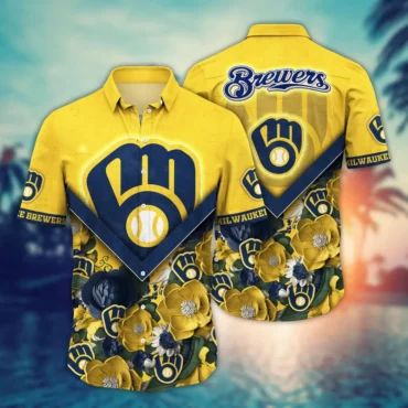 Milwaukee Brewers Floral Emblem Hawaiian - Adult & Kids T-Shirts, Sweatshirts & Hoodies apparel design preview 1