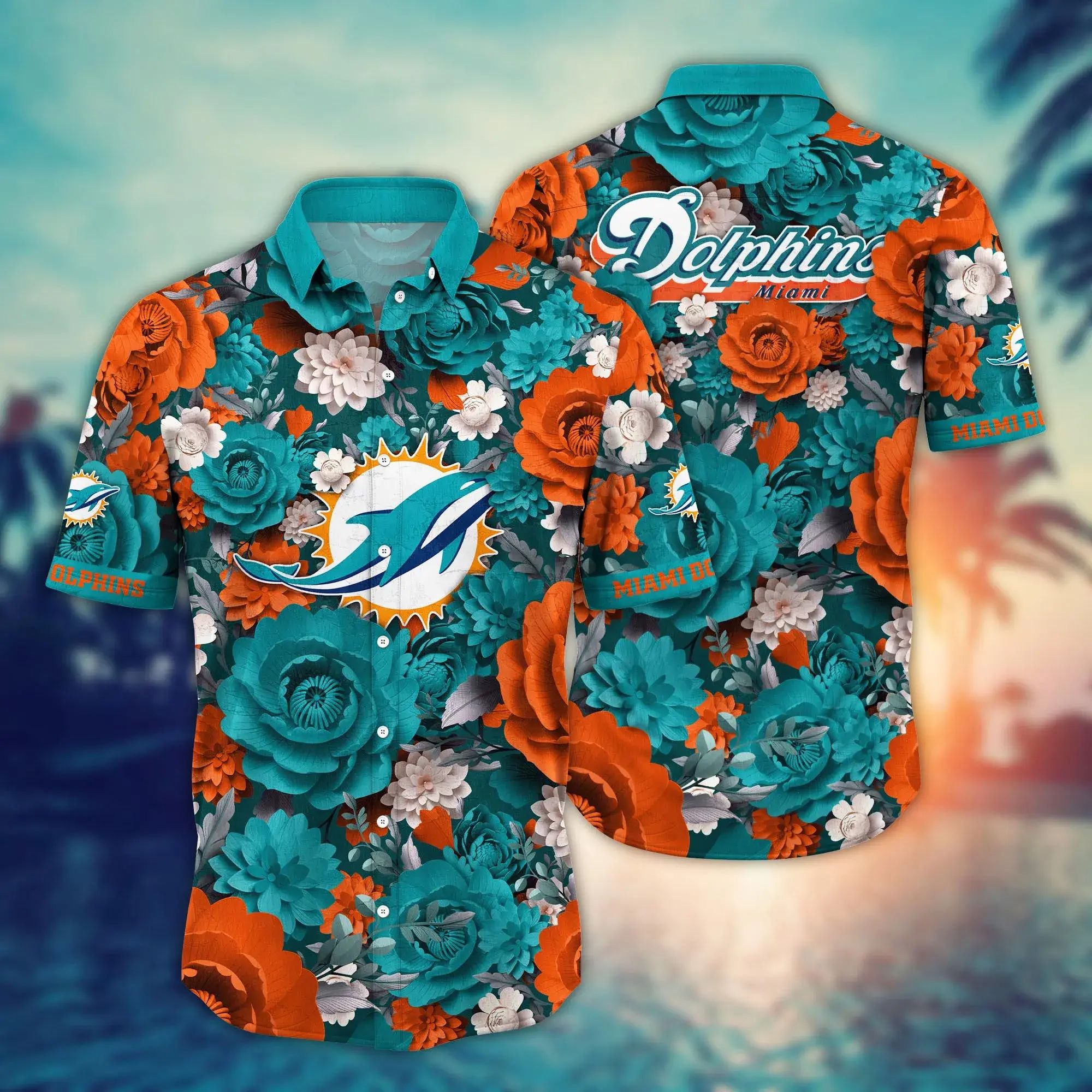 Miami Dolphins Hawaiian Blooming Victory Design - Adult & Kids T-Shirts, Sweatshirts & Hoodies apparel design preview 1