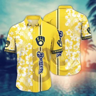Milwaukee Brewers Hibiscus Stripe Hawaiian - Adult & Kids T-Shirts, Sweatshirts & Hoodies apparel design preview 1