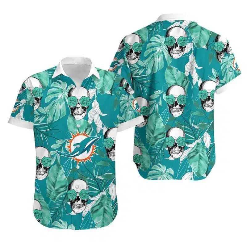 Miami Dolphins Hawaiian Coconut Leaves Skulls Design - Adult & Kids T-Shirts, Sweatshirts & Hoodies apparel design preview 1