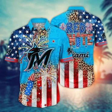 Miami Marlins Fireworks Leopard Print Hawaiian - Adult & Kids T-Shirts, Sweatshirts & Hoodies apparel design preview 1