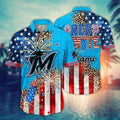 Miami Marlins Fireworks Leopard Print Hawaiian - Adult & Kids T-Shirts, Sweatshirts & Hoodies apparel design preview 1