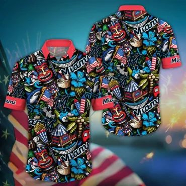 Miami Marlins Patriotic Tiki Hawaiian - Adult & Kids T-Shirts, Sweatshirts & Hoodies apparel design preview 1
